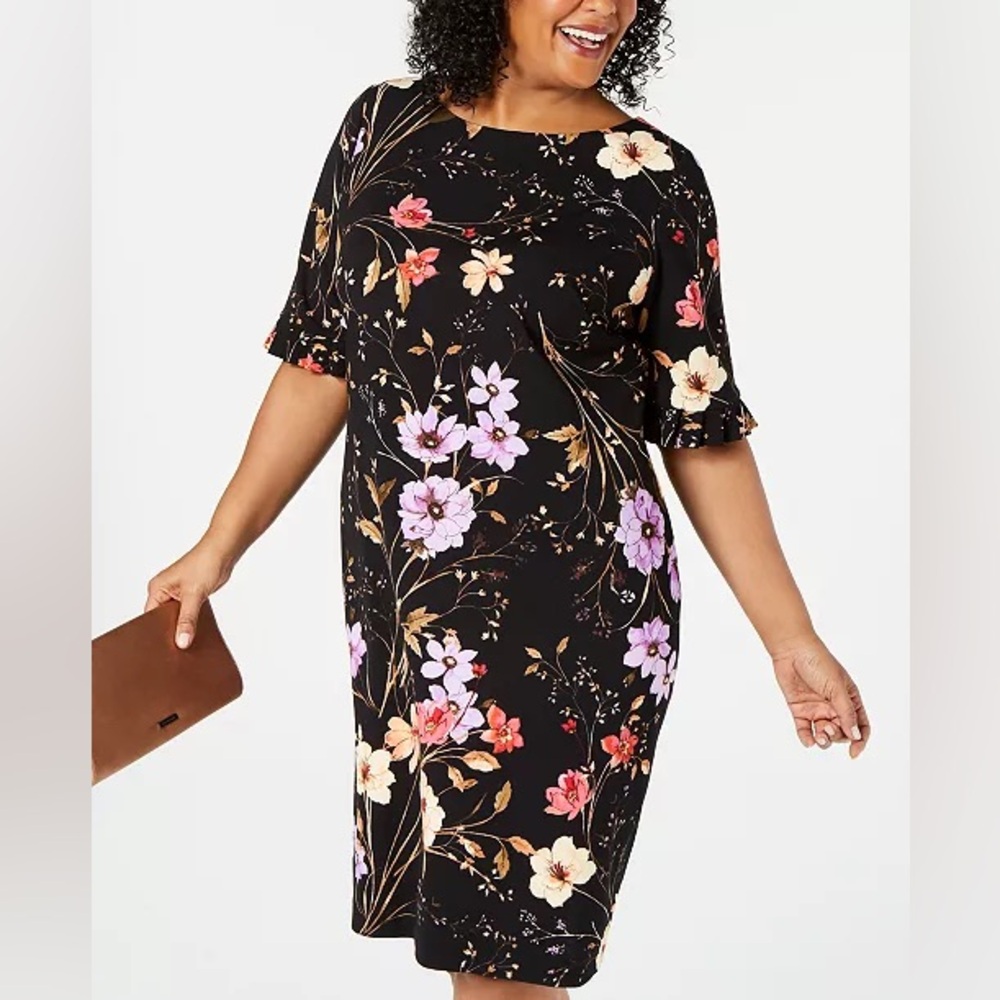 Calvin Klein Black Floral Midi Dress with Pink & Lavender Blooms